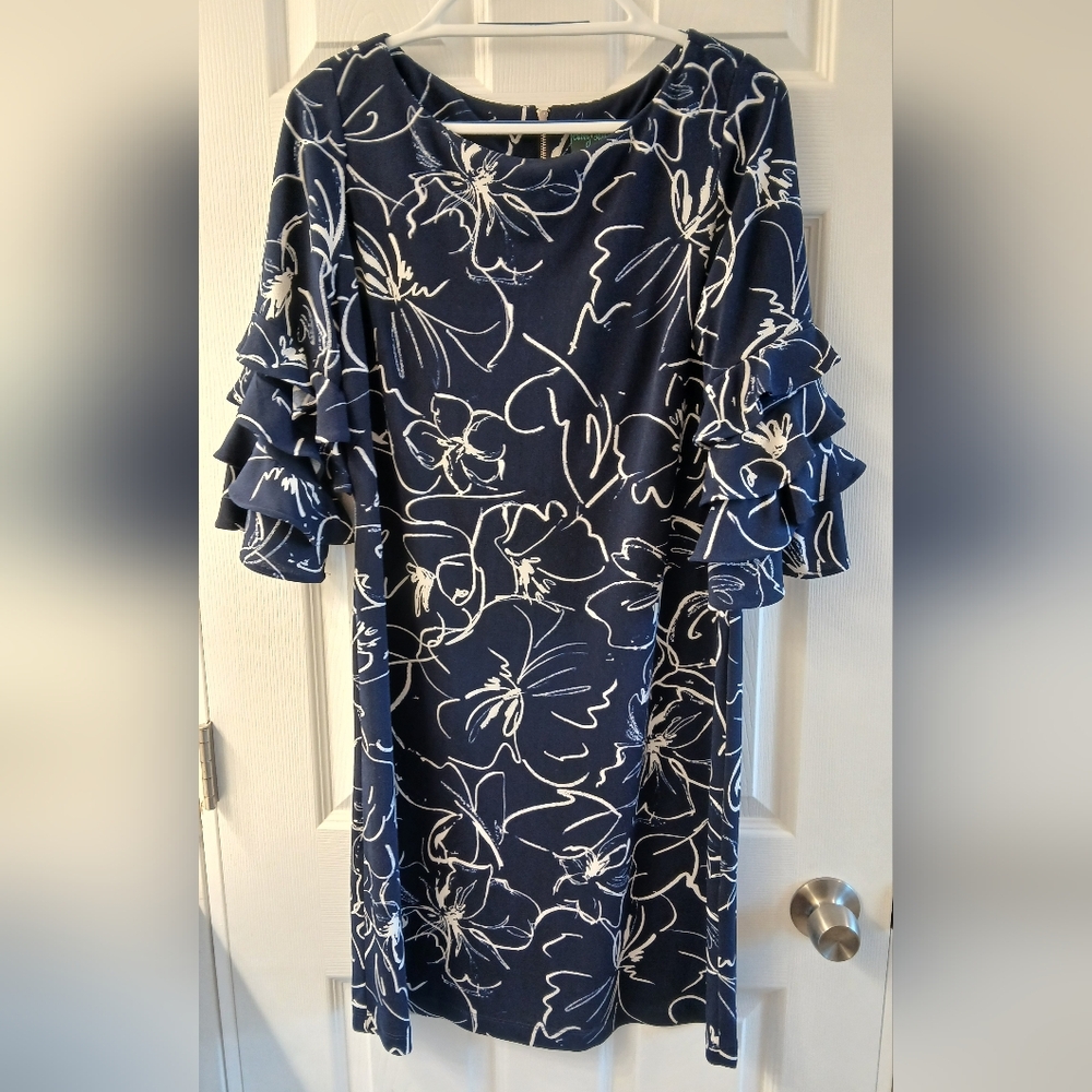 Gabby Skye Navy Floral Ruffle Sleeve Dress – Size 12